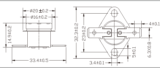Maßzeichnung des Thermostats KSD301